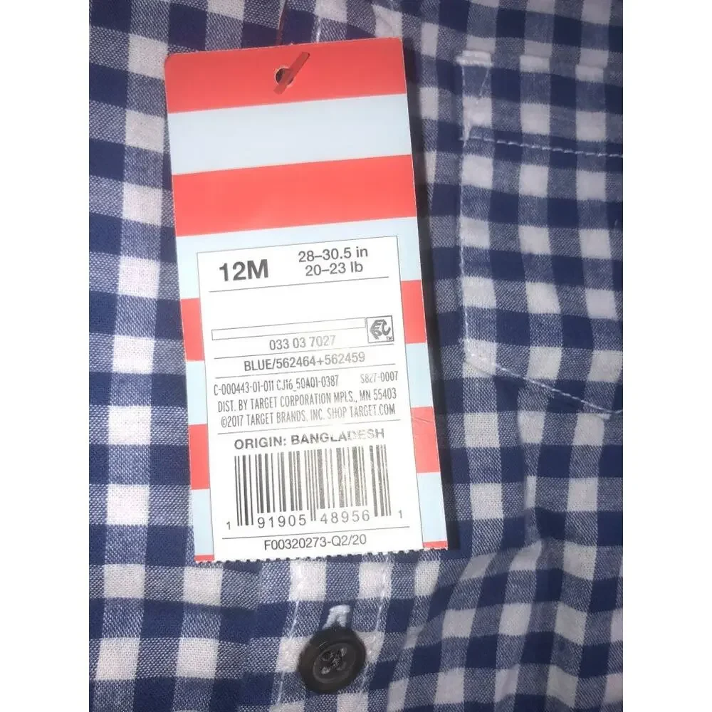 NWT Cat & Jack Boys' Blue Gingham Plaid Button Down Top Baby Size 12 Months - Picture 3 of 7